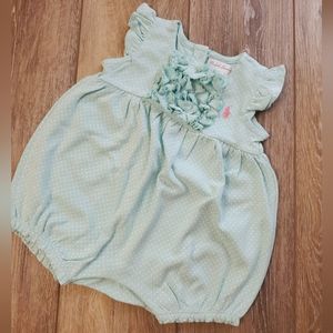 Like New Ralph Lauren baby's aqua polka dot romper with ruffles Size 3mo.